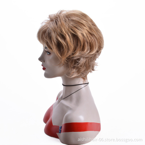 Aishili wholesale short blonde  brown fluffy bob hair closure kinky straight synthetic wigs for black women